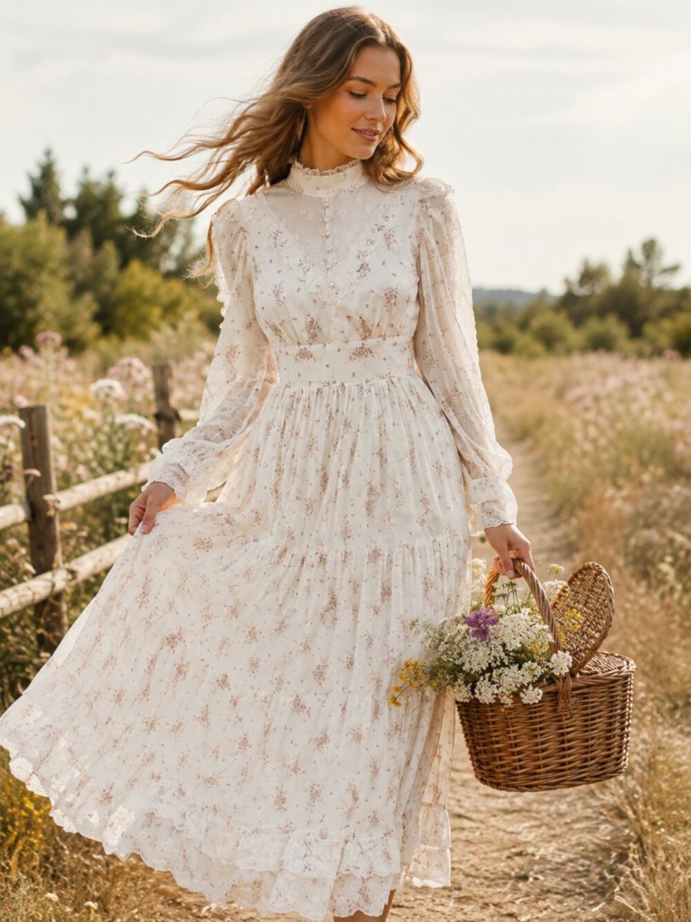 Gunne Sax Maxi Dress Gown Cottagecore Prairie Floral Lace Pearl Buttons size 4